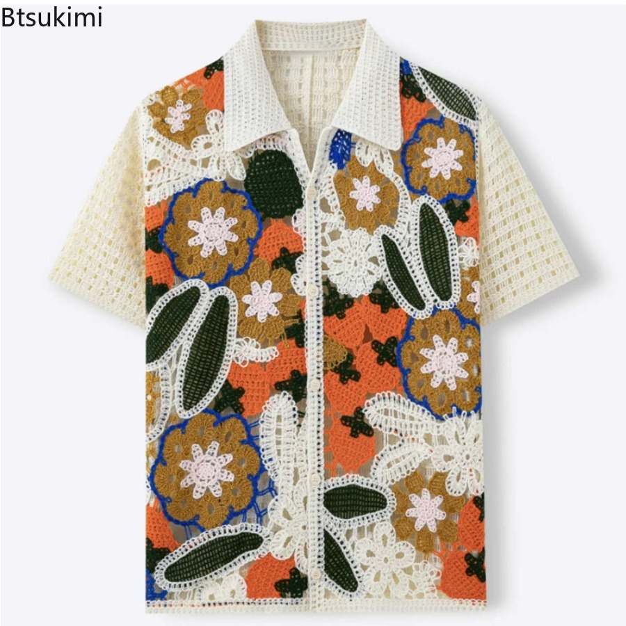 Shirt Camp Collar - Men's Retro Floral Crochet Knit Polo