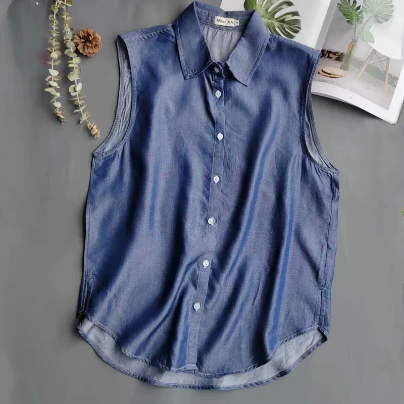 Women's Blue Sleeveless Denim  - Shirt Camp Collar review and price
