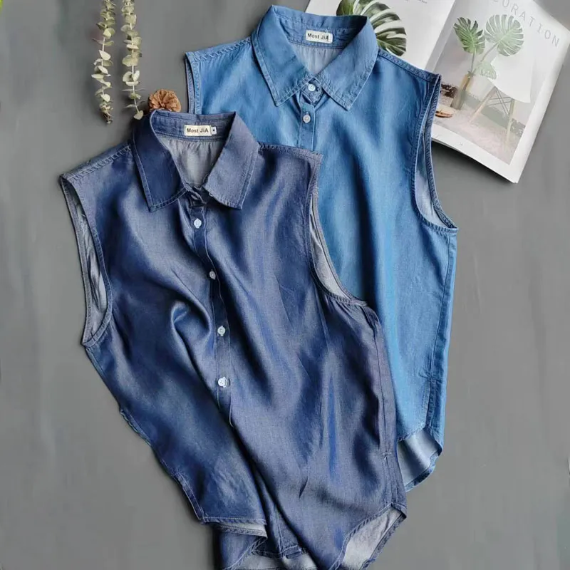 Women's Blue Sleeveless Denim  - Shirt Camp Collar review and price