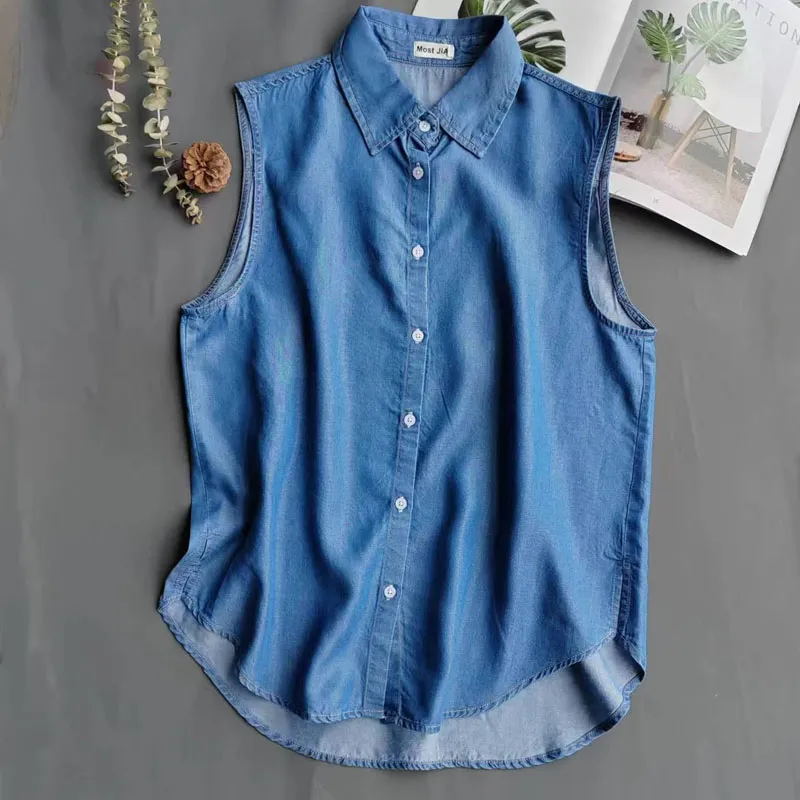Women's Blue Sleeveless Denim  - Shirt Camp Collar review and price