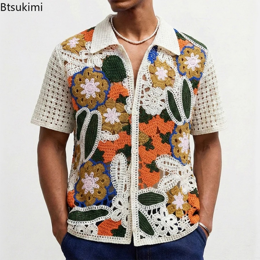 Men's Retro Floral Crochet Kni - Shirt Camp Collar review and price